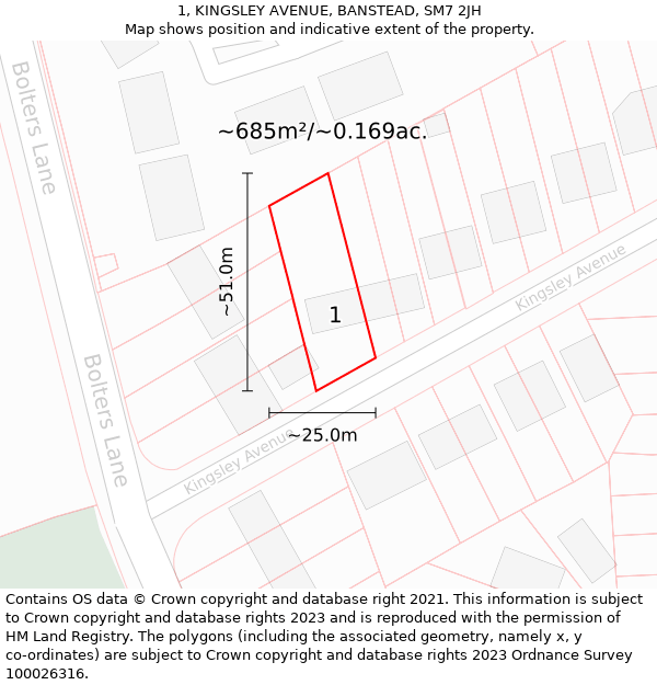 1, KINGSLEY AVENUE, BANSTEAD, SM7 2JH: Plot and title map