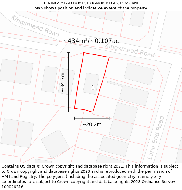 1, KINGSMEAD ROAD, BOGNOR REGIS, PO22 6NE: Plot and title map