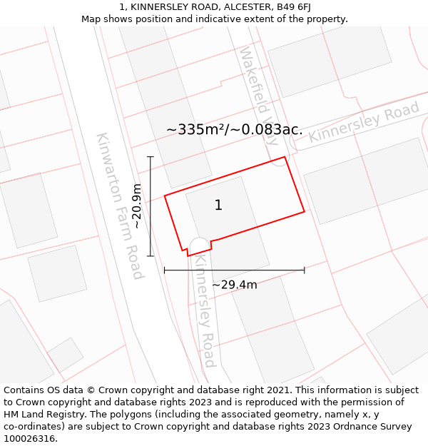 1, KINNERSLEY ROAD, ALCESTER, B49 6FJ: Plot and title map