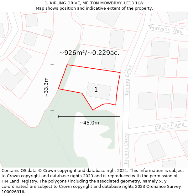 1, KIPLING DRIVE, MELTON MOWBRAY, LE13 1LW: Plot and title map