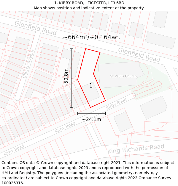 1, KIRBY ROAD, LEICESTER, LE3 6BD: Plot and title map