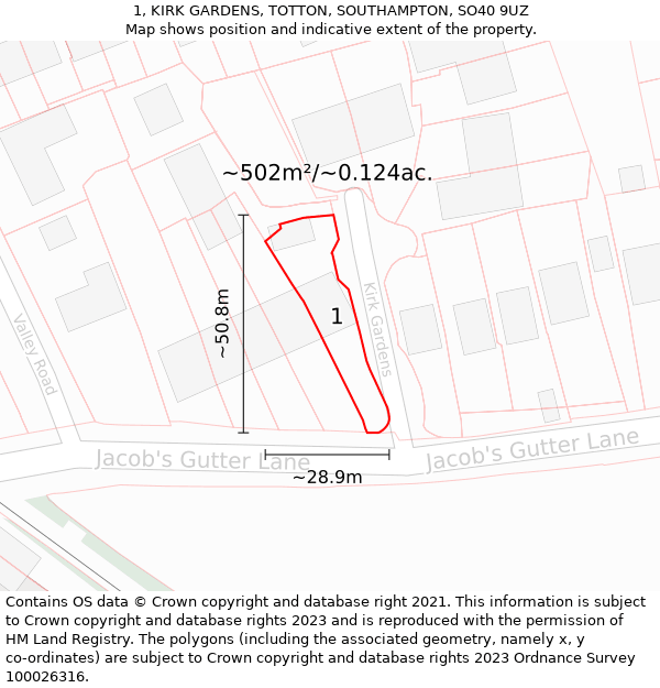 1, KIRK GARDENS, TOTTON, SOUTHAMPTON, SO40 9UZ: Plot and title map