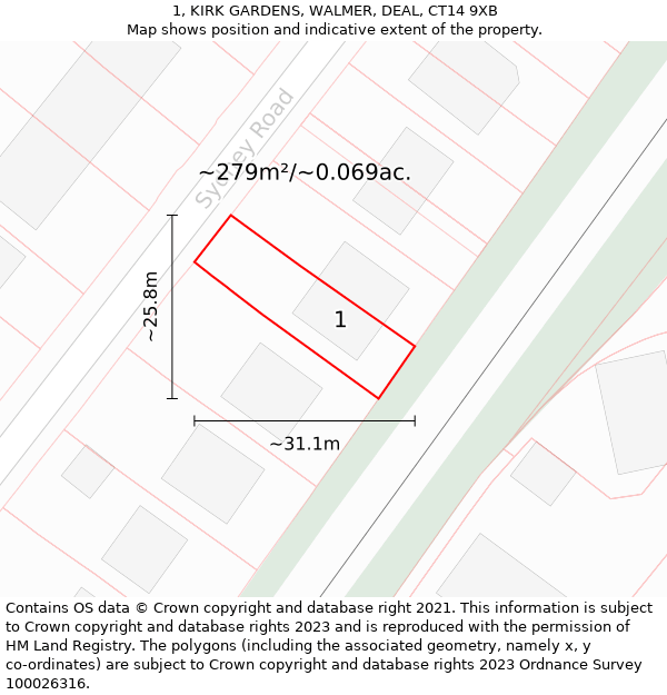 1, KIRK GARDENS, WALMER, DEAL, CT14 9XB: Plot and title map