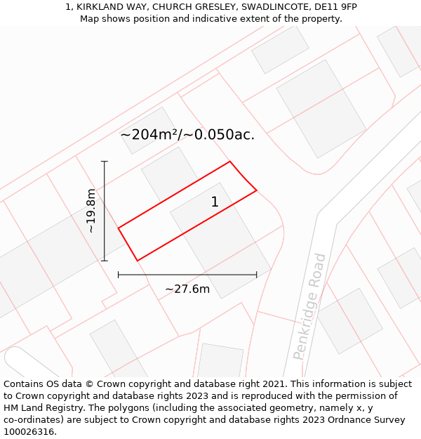 1, KIRKLAND WAY, CHURCH GRESLEY, SWADLINCOTE, DE11 9FP: Plot and title map