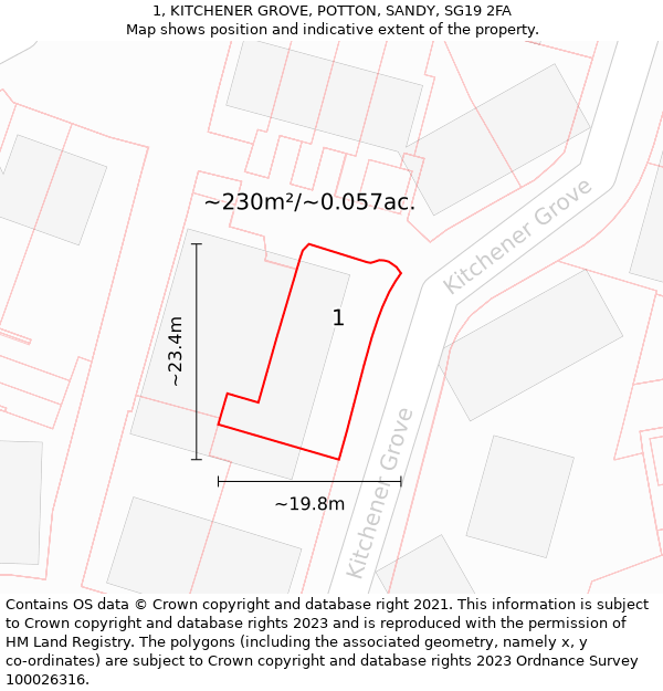 1, KITCHENER GROVE, POTTON, SANDY, SG19 2FA: Plot and title map