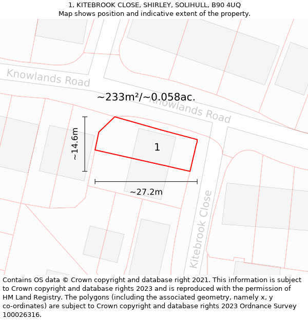 1, KITEBROOK CLOSE, SHIRLEY, SOLIHULL, B90 4UQ: Plot and title map