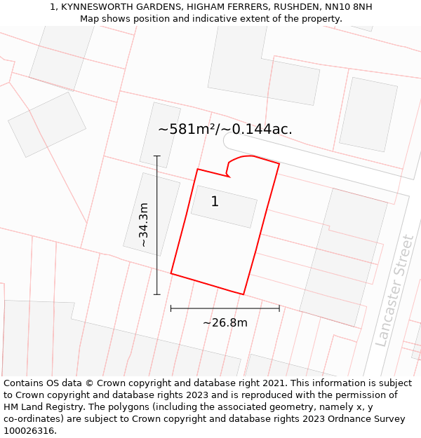 1, KYNNESWORTH GARDENS, HIGHAM FERRERS, RUSHDEN, NN10 8NH: Plot and title map