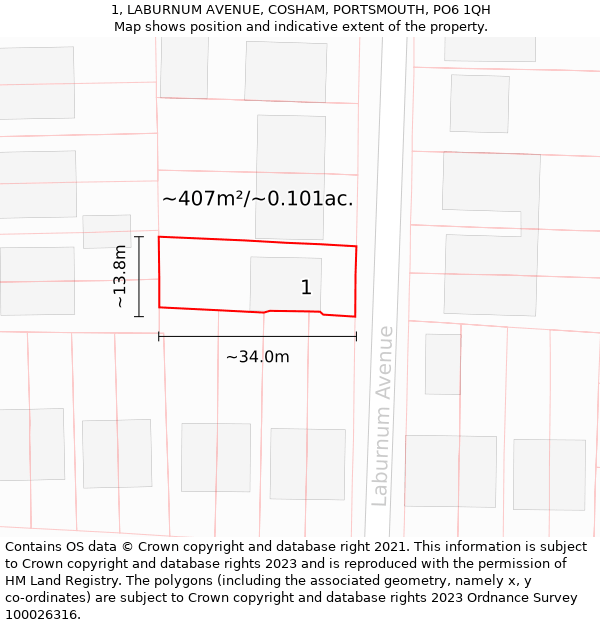 1, LABURNUM AVENUE, COSHAM, PORTSMOUTH, PO6 1QH: Plot and title map