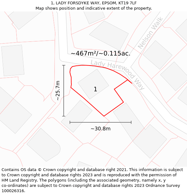 1, LADY FORSDYKE WAY, EPSOM, KT19 7LF: Plot and title map