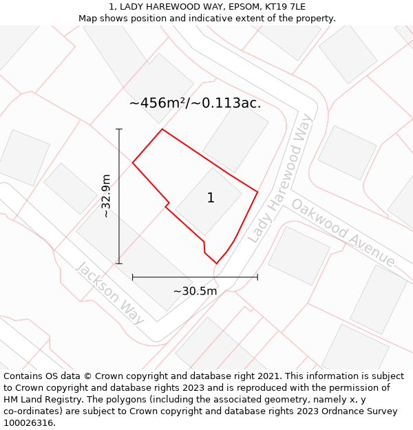 1, LADY HAREWOOD WAY, EPSOM, KT19 7LE: Plot and title map