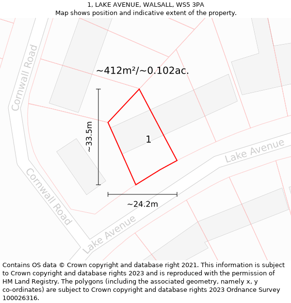 1, LAKE AVENUE, WALSALL, WS5 3PA: Plot and title map