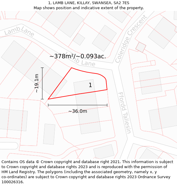 1, LAMB LANE, KILLAY, SWANSEA, SA2 7ES: Plot and title map