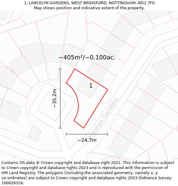 1, LANCELYN GARDENS, WEST BRIDGFORD, NOTTINGHAM, NG2 7FG: Plot and title map