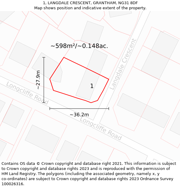 1, LANGDALE CRESCENT, GRANTHAM, NG31 8DF: Plot and title map