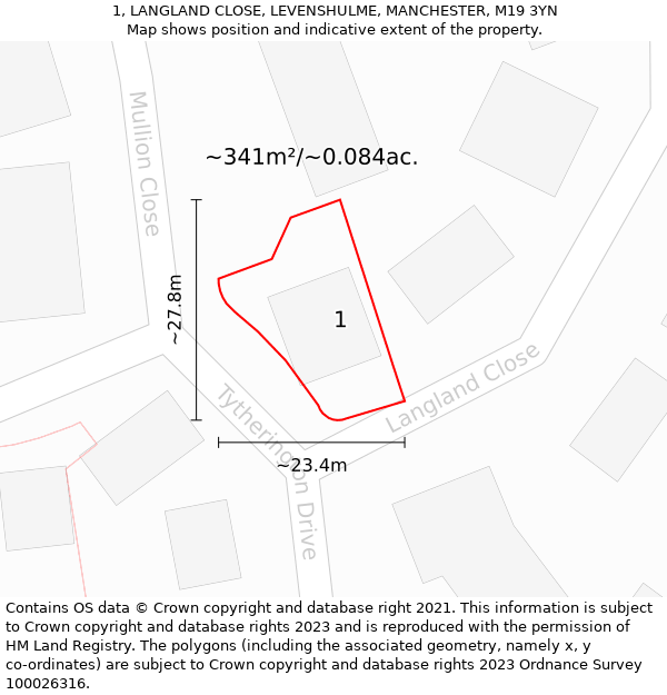 1, LANGLAND CLOSE, LEVENSHULME, MANCHESTER, M19 3YN: Plot and title map