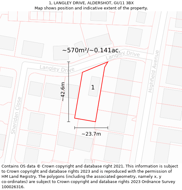 1, LANGLEY DRIVE, ALDERSHOT, GU11 3BX: Plot and title map