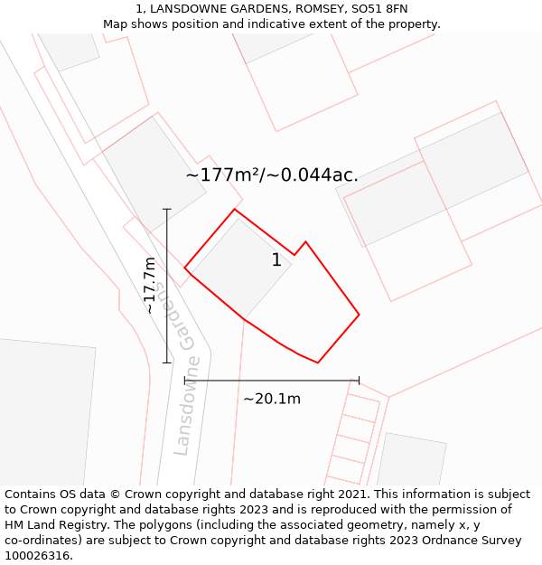 1, LANSDOWNE GARDENS, ROMSEY, SO51 8FN: Plot and title map