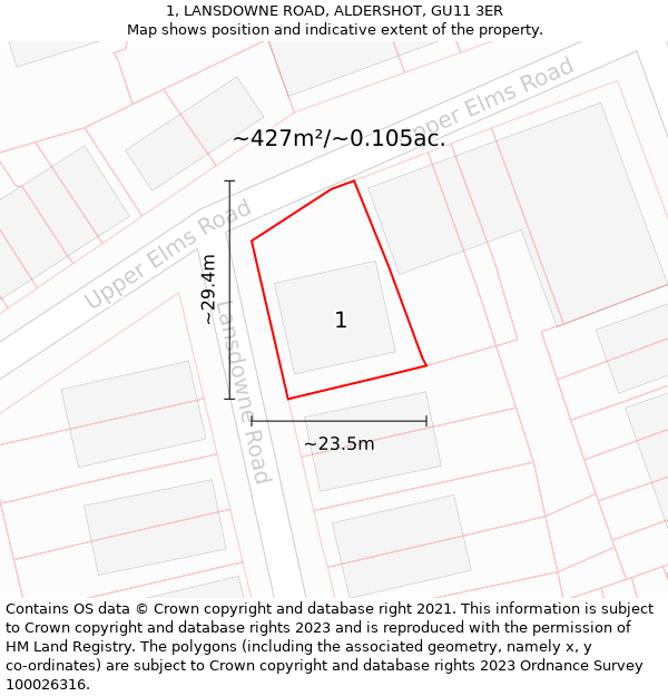 1, LANSDOWNE ROAD, ALDERSHOT, GU11 3ER: Plot and title map