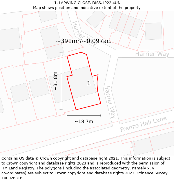 1, LAPWING CLOSE, DISS, IP22 4UN: Plot and title map