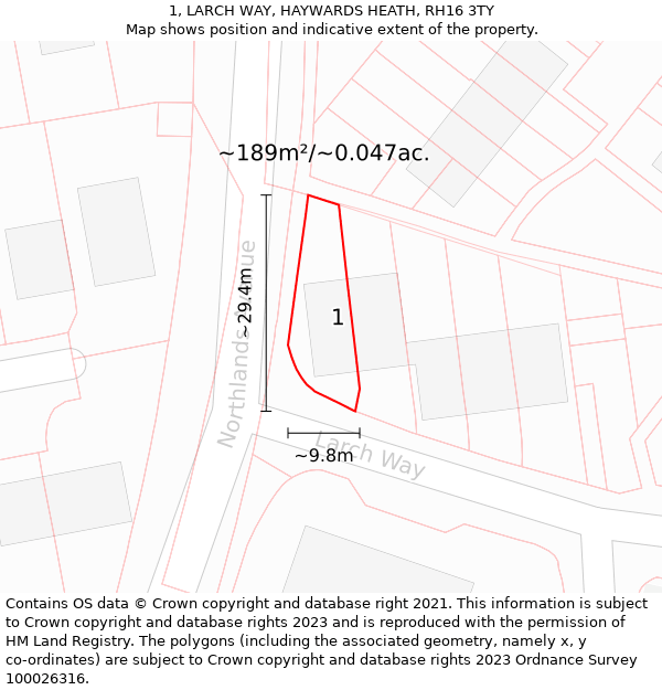 1, LARCH WAY, HAYWARDS HEATH, RH16 3TY: Plot and title map