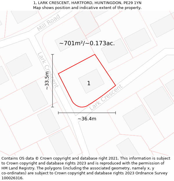 1, LARK CRESCENT, HARTFORD, HUNTINGDON, PE29 1YN: Plot and title map