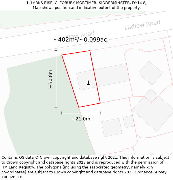 1, LARKS RISE, CLEOBURY MORTIMER, KIDDERMINSTER, DY14 8JJ: Plot and title map