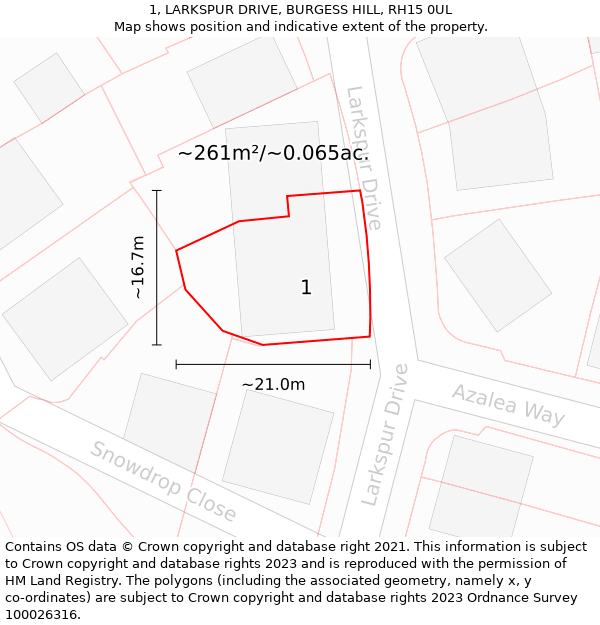 1, LARKSPUR DRIVE, BURGESS HILL, RH15 0UL: Plot and title map