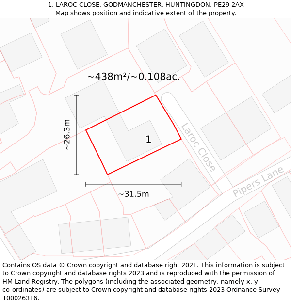 1, LAROC CLOSE, GODMANCHESTER, HUNTINGDON, PE29 2AX: Plot and title map