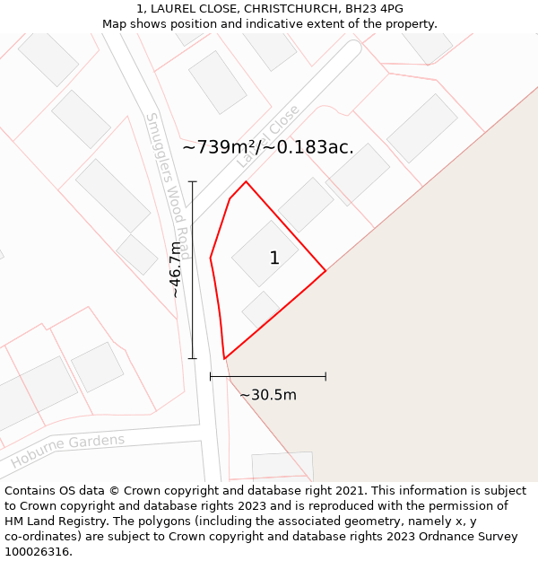 1, LAUREL CLOSE, CHRISTCHURCH, BH23 4PG: Plot and title map