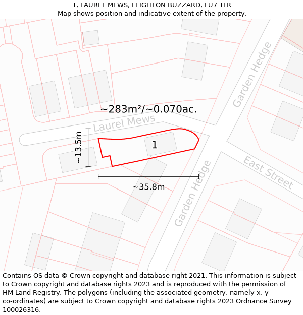 1, LAUREL MEWS, LEIGHTON BUZZARD, LU7 1FR: Plot and title map