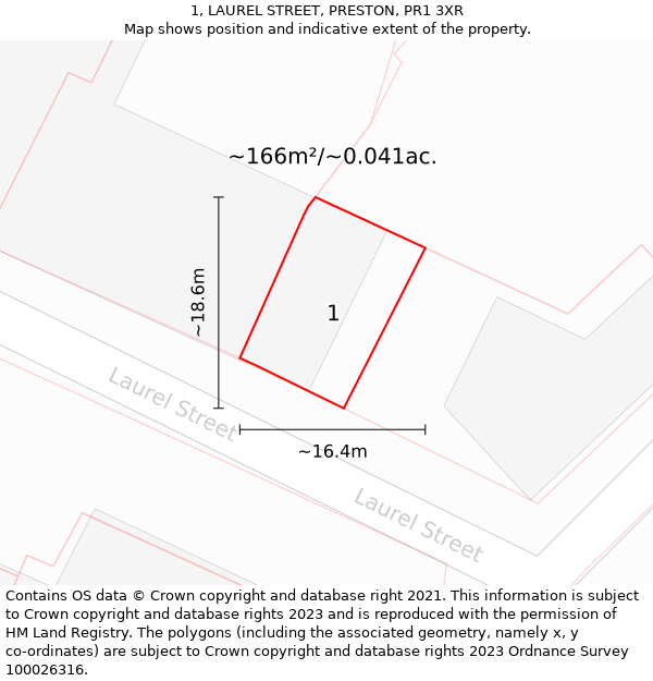1, LAUREL STREET, PRESTON, PR1 3XR: Plot and title map
