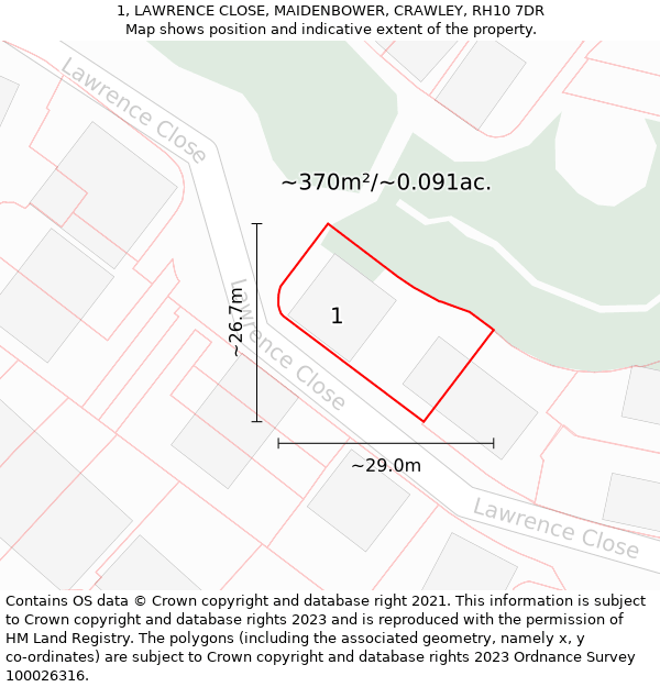 1, LAWRENCE CLOSE, MAIDENBOWER, CRAWLEY, RH10 7DR: Plot and title map