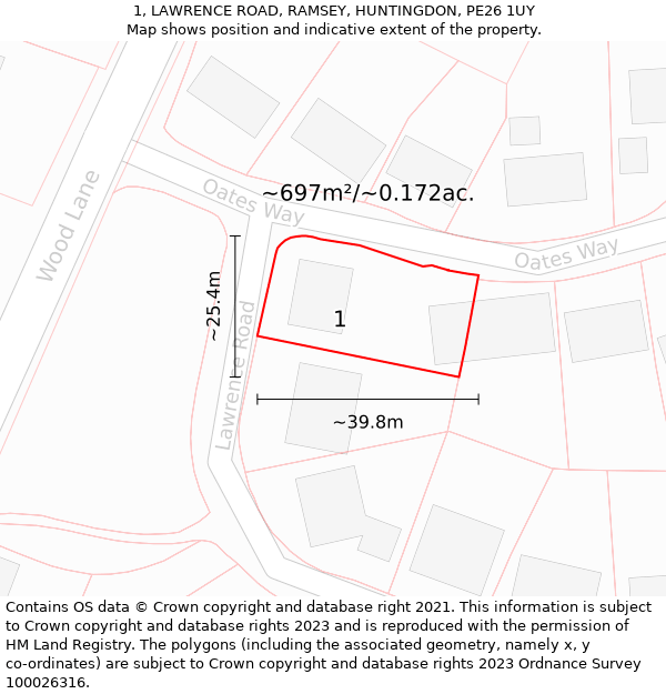 1, LAWRENCE ROAD, RAMSEY, HUNTINGDON, PE26 1UY: Plot and title map