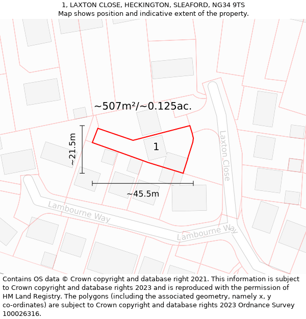 1, LAXTON CLOSE, HECKINGTON, SLEAFORD, NG34 9TS: Plot and title map