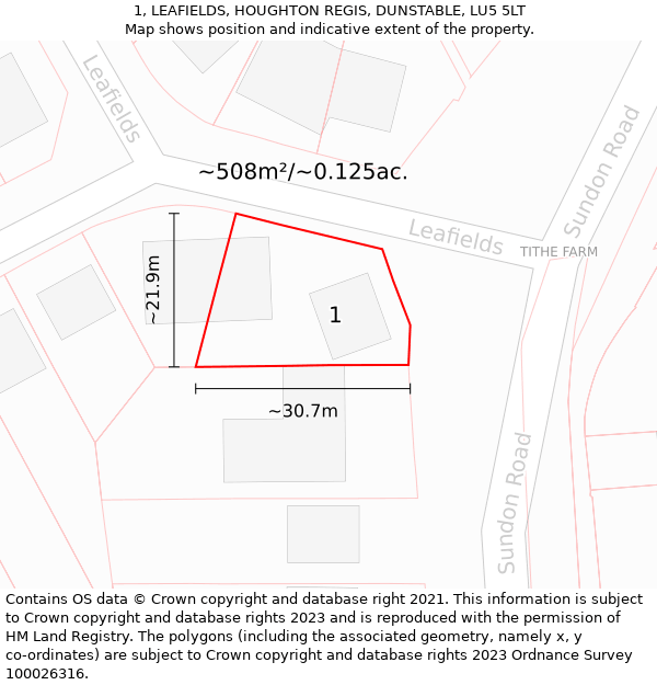 1, LEAFIELDS, HOUGHTON REGIS, DUNSTABLE, LU5 5LT: Plot and title map