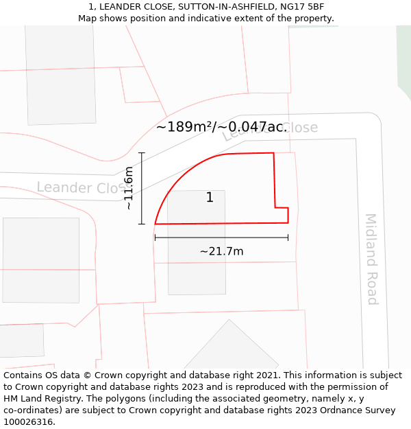 1, LEANDER CLOSE, SUTTON-IN-ASHFIELD, NG17 5BF: Plot and title map