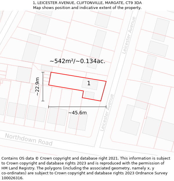 1, LEICESTER AVENUE, CLIFTONVILLE, MARGATE, CT9 3DA: Plot and title map