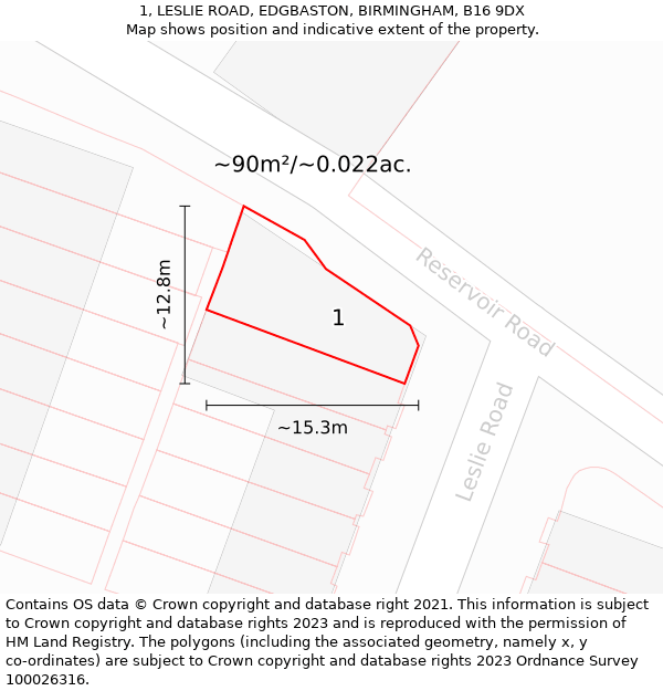 1, LESLIE ROAD, EDGBASTON, BIRMINGHAM, B16 9DX: Plot and title map