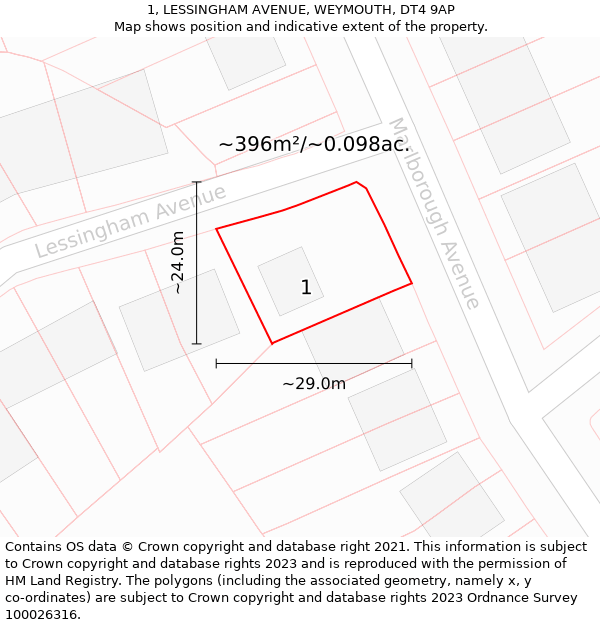 1, LESSINGHAM AVENUE, WEYMOUTH, DT4 9AP: Plot and title map