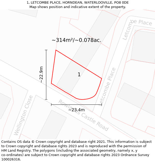 1, LETCOMBE PLACE, HORNDEAN, WATERLOOVILLE, PO8 0DE: Plot and title map