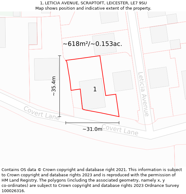 1, LETICIA AVENUE, SCRAPTOFT, LEICESTER, LE7 9SU: Plot and title map