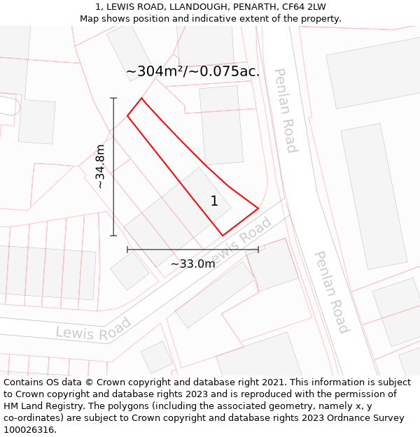 1, LEWIS ROAD, LLANDOUGH, PENARTH, CF64 2LW: Plot and title map