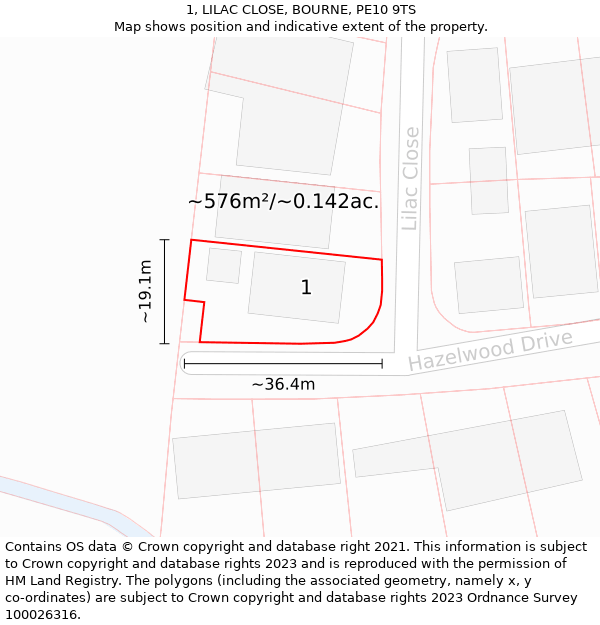 1, LILAC CLOSE, BOURNE, PE10 9TS: Plot and title map