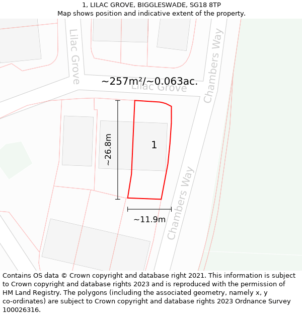 1, LILAC GROVE, BIGGLESWADE, SG18 8TP: Plot and title map