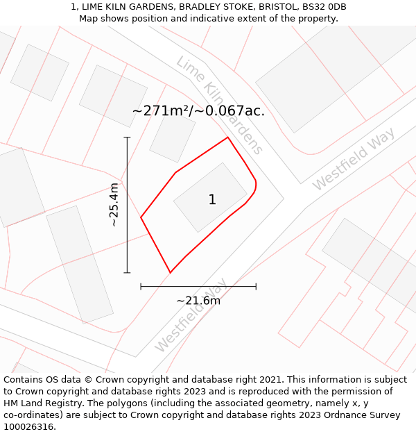 1, LIME KILN GARDENS, BRADLEY STOKE, BRISTOL, BS32 0DB: Plot and title map