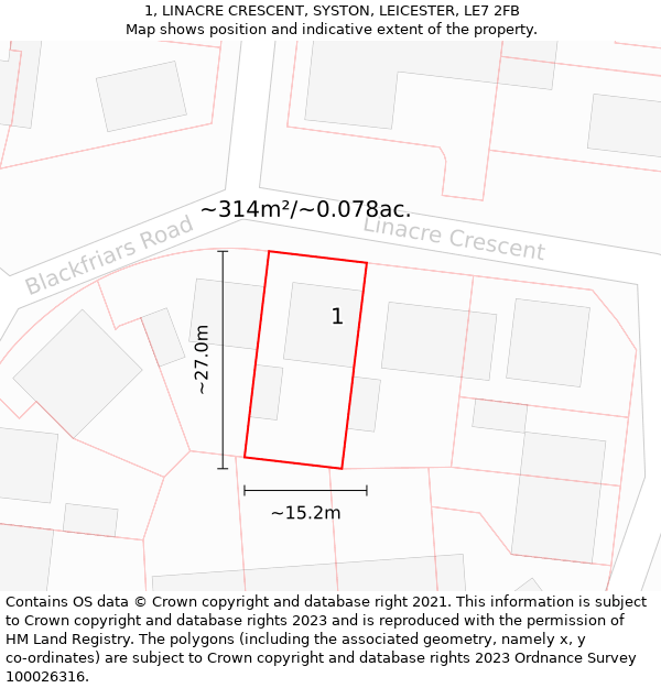 1, LINACRE CRESCENT, SYSTON, LEICESTER, LE7 2FB: Plot and title map