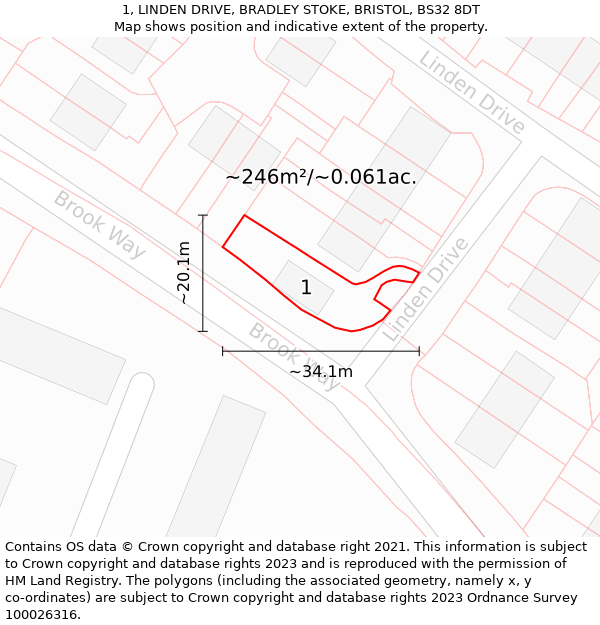 1, LINDEN DRIVE, BRADLEY STOKE, BRISTOL, BS32 8DT: Plot and title map