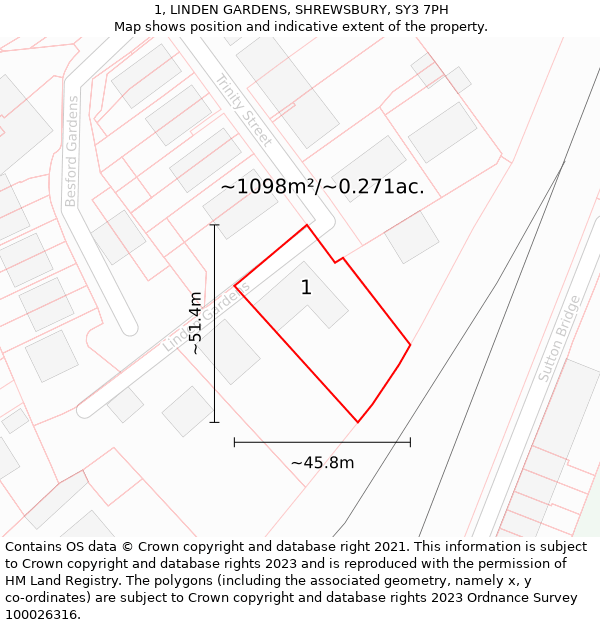 1, LINDEN GARDENS, SHREWSBURY, SY3 7PH: Plot and title map