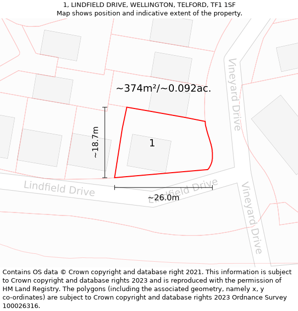 1, LINDFIELD DRIVE, WELLINGTON, TELFORD, TF1 1SF: Plot and title map