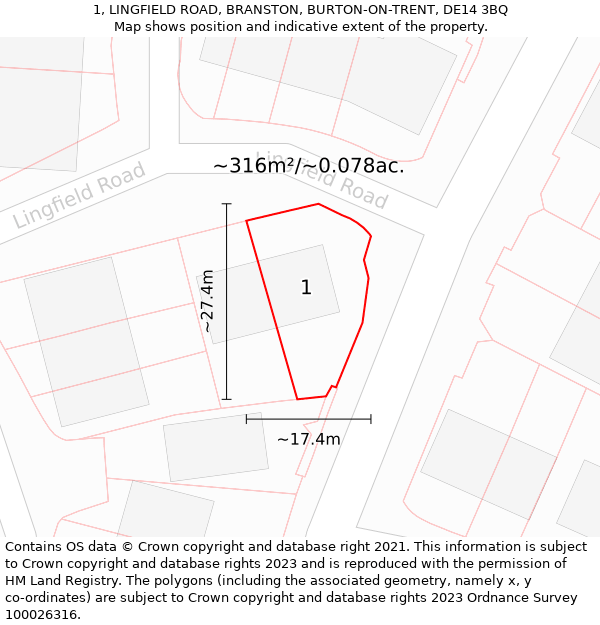 1, LINGFIELD ROAD, BRANSTON, BURTON-ON-TRENT, DE14 3BQ: Plot and title map